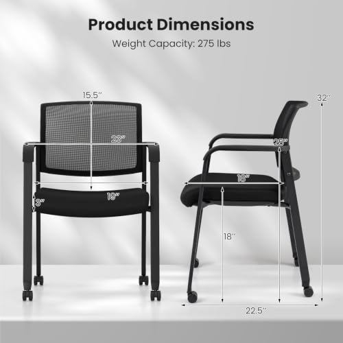 Tangkula Black 2-Pack Rolling Conference Room Chairs, Stackable Guest Chairs
