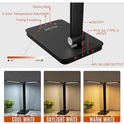 NUNET Double Head LED Desk Lamp, 10W Dimmable Piano Stand Light with Dual Swing Arms, USB Charging Ports, Battery Powered Cordless Table Lamp for Upright Piano, Music Stand, Camping, Home & Office