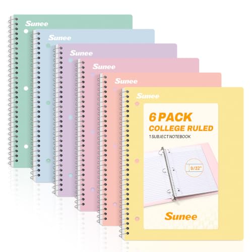 SUNEE 6-Pack Spiral Notebooks 1-Subject College Ruled Pastel Colors, 8 x 10.5 inches