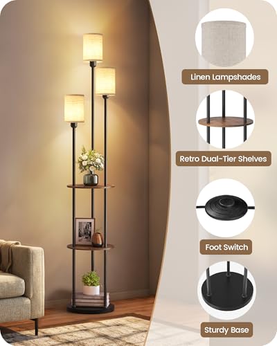 GOEBLESON Rustic Brown Beige 70.9-inch Floor Lamp with Shelves & Linen Shades