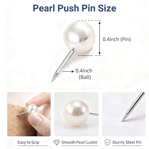 Vintrex Pearl White Decorative Push Pins (100 pc) - Large Round Head Thumb Tacks for Bulletin Boards