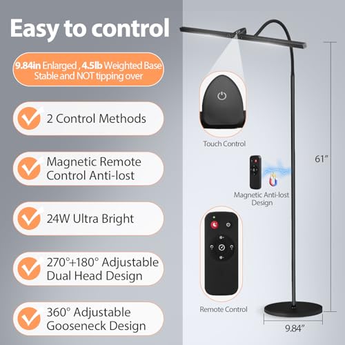 Led Floor Lamp for Office, 24W 2400LM Tall Reading Lamp, Dual Head Standing Task Lamp with Remote, Large Goose Neck Lash Light, Craft Work Lights, Puzzle Lights for Tattoo, Piano, Sewing