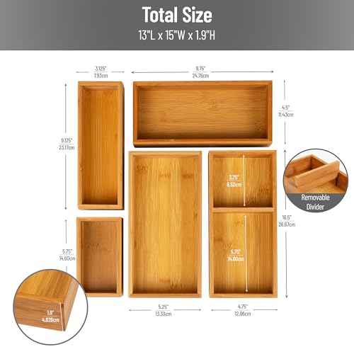 Mind Reader 7-Piece Bamboo Drawer Organizer Set, Storage Trays for Kitchen, Bathroom, Office, Makeup, Jewelry & More, Utensil Holder, Rayon from Bamboo, 21" L x 13.875" W x 2.375" H, Brown