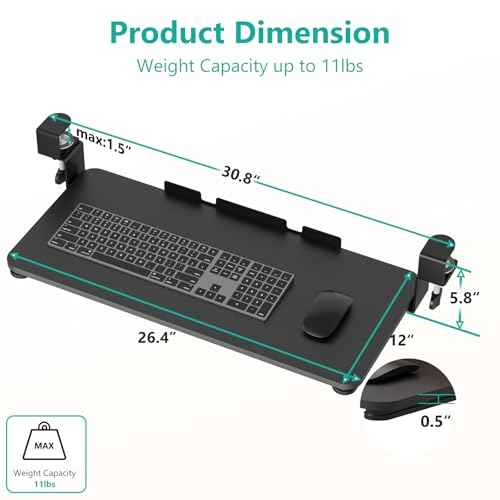 WALI Keyboard Tray Under Desk, Pull-Out Keyboard & Mouse Tray with 45¡Æ Adjustable C-Clamp, Ergonomic Platform Computer Drawer for L Shaped & Flat Desk 26.4" x 11.8" (KBT001-B), Black