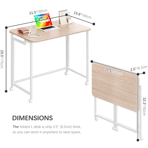 4NM 31.5-Inch Folding Mobile Laptop Desk - Natural & White Small Space Office Table