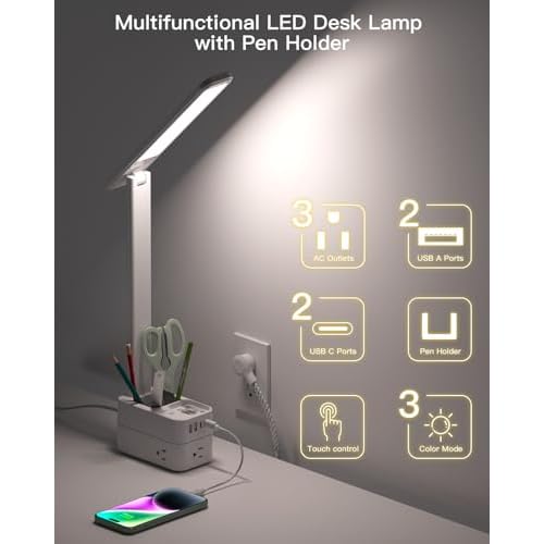 Addtam LED Desk Lamp with Pen Holder, Study Lamps with 3 Outlets 4 USB Charging Ports(2 USBC), 3 Color Modes Desk Light Touch Lamp, Small Desk Lamps for Home Office College Dorm Room Essentials