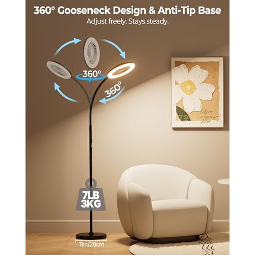 Floor Lamp with Fan Light with RGB, 1800LM LED Standing Lamp with Fan Remote & Push Button Control, Dimmable Tall lamp with fan, Adjustable Gooseneck Reading Stand up Lamp Pedestal Fan Light Combo