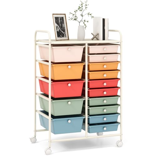 RELAX4LIFE Macaron 15-Drawer Rolling Storage Cart, 34.5" H with 4 Wheels