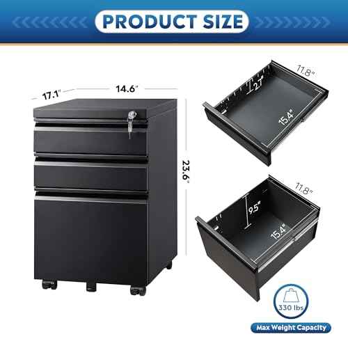 DEVAISE 3 Drawer Mobile File Cabinet with Lock, Under Desk Metal Filing Cabinet for Home Office/Legal/Letter/A4 File, Fully Assembled Except Wheels, Black