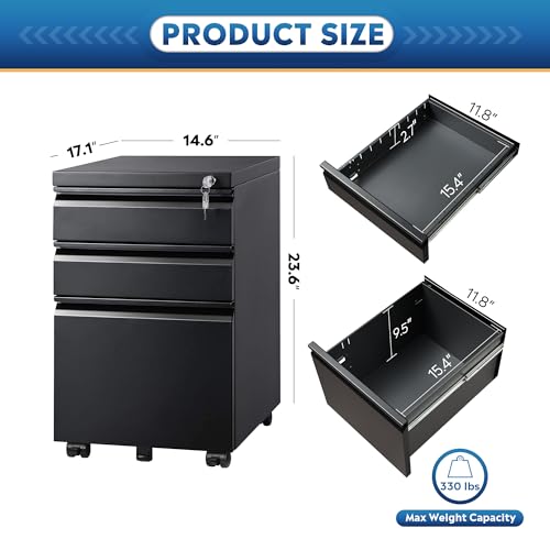 DEVAISE Black 3-Drawer Mobile File Cabinet with Lock - 17"D x 15"W x 24"H, Under Desk Office Storage