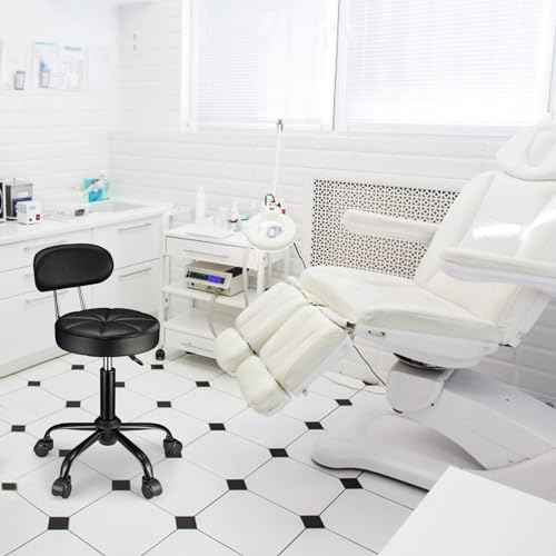 PU Leather Rolling Stool with Back Support Height Adjustable Swivel Stool Chair with Wheels Drafting Chair for Spa Slaon Massage Black