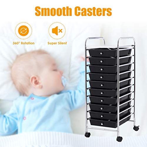 OfficeJOY Black 10-Drawer Rolling Storage Cart with Lockable Wheels & Handles