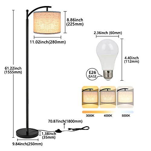 ROTTOGOON Black Floor Lamp with Beige Shade, 3 Color Temperatures LED Bulb, Tall Industrial Reading Lamp for Living Room & Bedroom, Office