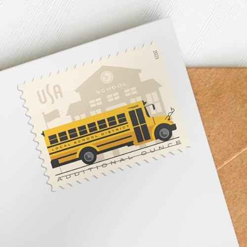 School Bus Additional Ounce USPS Postage Stamps 1 Sheet of 20 Students Children Teachers Celebration Party Announcement (20 Stamps)