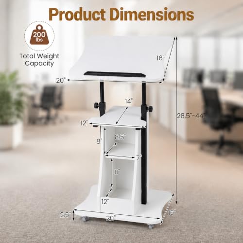 POWERSTONE Sit-to-Stand Mobile Lectern Podium with Storage, White, 27"-47.5"
