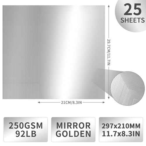 25 Sheets Sliver Mirror Cardstock Paper - 250gsm/92Ib Metallic Reflective Paper for Crafts, A4 Foil Cardstock for DIY Projects Birthday Party Decoration PAP20SR25