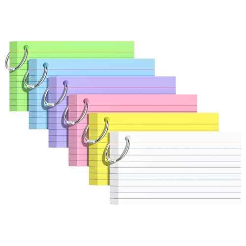 Index Cards 3x5 Inches, 300 PCS, Colored Flash Cards With Ring, Punched Lined Study Card Ruled Flashcards Notecards, Ruled Front And Blank Back, Note Card for School, College And Home