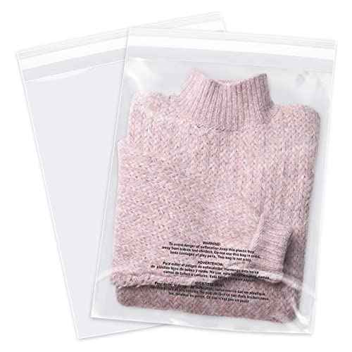 12" x 15" (200 Count) Self Seal Clear Poly Bags with Suffocation Warning for Packaging, Shipping, Clothing, Shirts & FBA - Resealable Adhesive