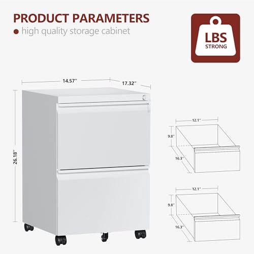 RAVIGIN 2-Drawer Mobile File Cabinet with Lock, Fully Assembled, White