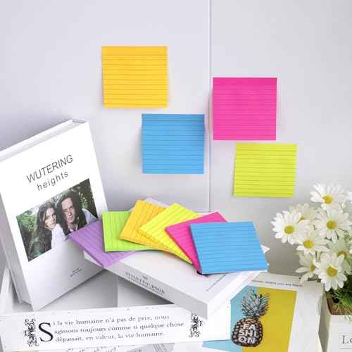 (12 Pads) Lined Sticky Notes 4x4 in, 6 Bright Colors Self-Stick Note Pads, Strong Adhesive, 47 Sheets/Pad