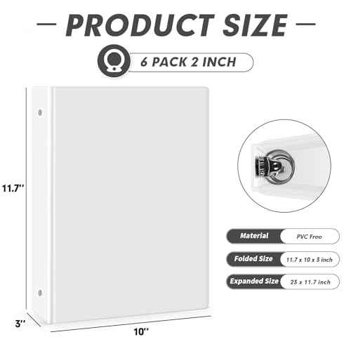 3 Ring Binder 2 Inch, PANDRI 6 Pack 2-Inch Binder Fits Letter Size 8.5'' x 11'' Paper, Versatile Binders for Office Home School, 2 Pockets, White