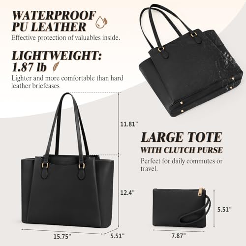 RAINSMORE Laptop Bag for Women 15.6 Inch Work Tote Bags Waterproof Computer Bags Leather Professional Laptop Purse Womens Laptop Briefcase Large Handbag for Office Teacher Travel, Black