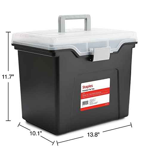 STAPLES File Folder Tote, Portable Filing Box, Letter Size Hanging Folders, Security Latch & Built-In Lid Organizer, Black/Clear