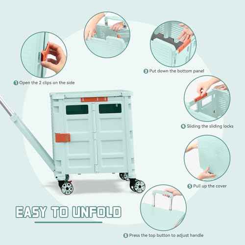 Foldable Utility Cart Collapsible Portable Crate Rolling Carts with Magnetic Lid Telescopic Handle Wear-Resistant 360¡ÆRotate Noiseless Swivel Wheel for Shopping Moving Storage Luggage Office(Green)