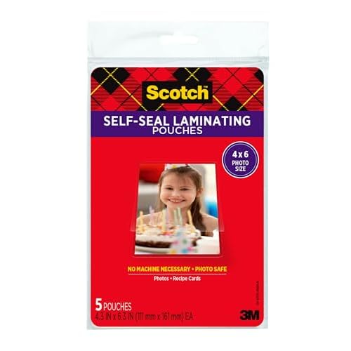 Scotch Self-Sealing Laminating Pouches, 4 x 6 Inches, 3-Pack of 5 Pouches ? No Machine Needed, Clear, Photo Safe