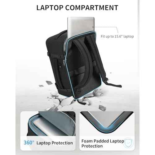 ECOHUB Travel Backpack for Men Women, Carry on Backpack with USB Charging Hole, Spirit Airlines Personal Item Bag Flight Approved, 15.6 Inch Laptop Backpack with Anti Theft Pockets, 30L, Black