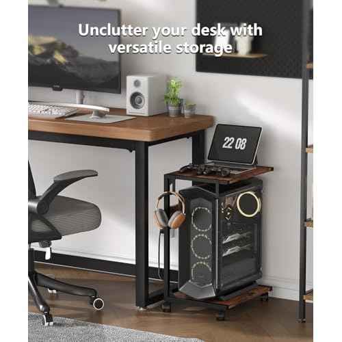 2 Tier Computer Tower Stand with Charging Station, 11.8" D x 16.5" W Rolling Floor PC Tower Stand Fits Under Desk, CPU Holder Cart for Carpet with Hooks, C Shaped End Table for Home Office