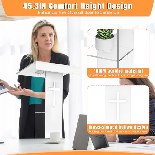45.3in Acrylic Podium Lectern with Cross Design, Double Shelves - Easilywinlife