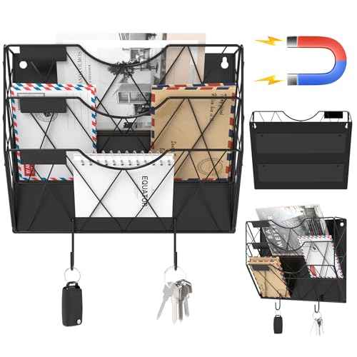 Magnetic File Holder for Refrigerator & Cabinets | No-Drill Wall Mount Organizer | 3-Tier Vertical Mail & Magazine Holder for Office/Home (Black, Space-Saving Design)
