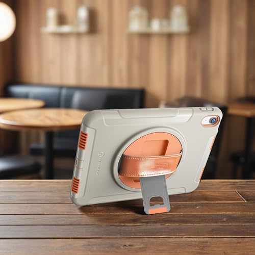 Original Hand Strap Case for iPad 11 (A16) 11-inch (2025) & 10th Gen 10.9-inch (2022) | 360¡Æ Rotating Kickstand, Genuine Leather Hand Strap, Built-in Screen Protector (Orange Grey)