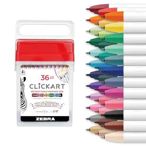 Zebra Pen CLiCKART Retractable Felt Tip Pen, Assorted Ink Colors, 0.6mm Fine Point, Moisture Absorbing to Prevent Drying Out, School Supplies and Teacher Supplies, 36-Pack with Case (69836)