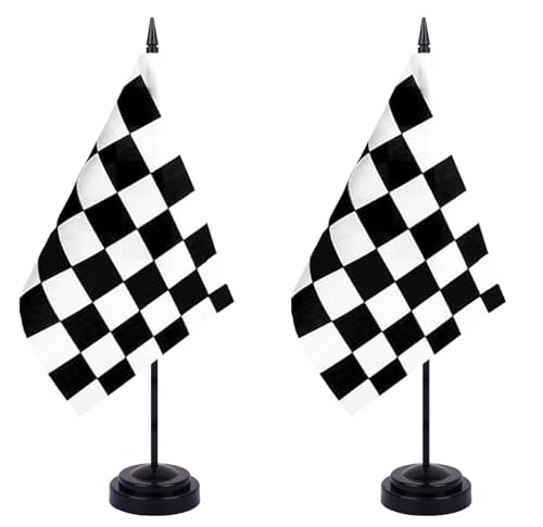 WXTWK Checkered Black and White Racing Flag Set 2 Pack - Mini Desk Car Flags with Stand
