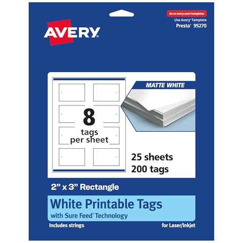 Avery Printable Rectangle Tags, Strings, Sure Feed Technology, 2" x 3", Matte White Cardstock, Print-to-the-Edge, Laser/Inkjet Tags, 200 Total