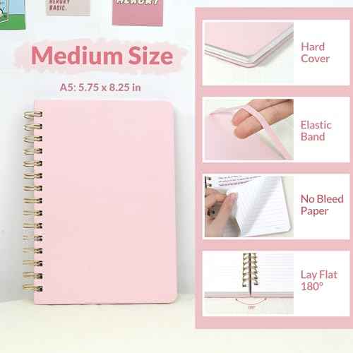 SUNEE Journaling Notebooks, A5 Lined Spiral Notebook for Women, 146 Pages College Ruled Hardcover Notebook for Work, Note Taking, Journaling and Office School Supplies, A5 - Pink