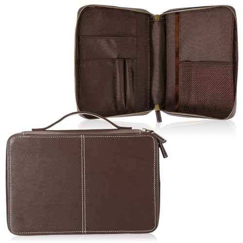 Top Grain Leather Bible Cover for Men Women Buffalo Genuine Leather Bible Case Book Holder Bag with Zipper Handle Back Pocket Bookmark Father's Day Religious Gift(Dark Brown,Medium,Classic)