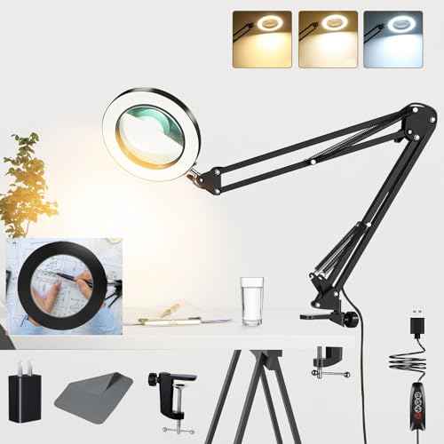 10X Magnifying Glass with Light, Adjustable Swing Arm 72 LEDs Real Glass Lens Magnifying Lamp, 3 Color Modes 10 Stepless Dimmable, Lighted Magnifier for Daily Reading Hobbies Crafts Workbench (Black)