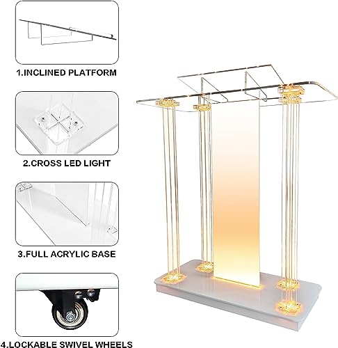 Mecpramy StyleA 46” Crystal Clear Acrylic Church Podium with LED Lights, Wheels