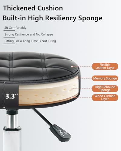 ACFOUL Rolling Stool with Wheels, Black – Adjustable PU Leather Office Chair with Footrest