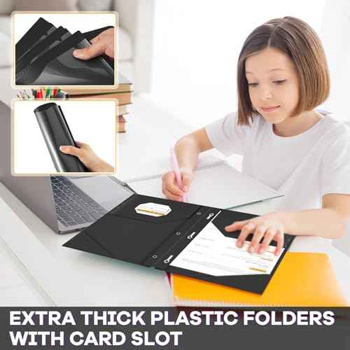 Henoyso 72 Pcs Plastic Folder with Clear Front Pocket and 3 Prong Plastic Folders with Card Slot Pocket Folders with Prongs for School Office (Black)