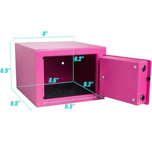 Luwint Small Steel Safe Lock Box with Key, General Home Use, 9.5 x 9 x 6.5 in (Pink)