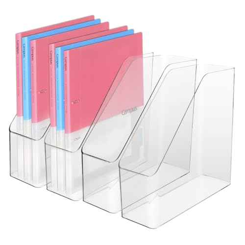4Pcs Clear Acrylic Magazine File Holder, Plastic Vertical File Folder Storage Magazine Rack Bin, Acrylic Magazine Holder, Desk Document Sorter Organizer for Home Office School Work Desktop Supplies