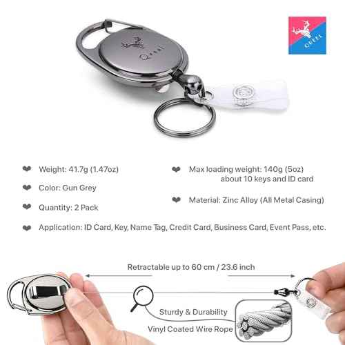 QREEL Heavy Duty Badge Reel, Metal Retractable Keychain, Steel Cord Retractable Badge Holder with Carabiner, Belt Clip and Key Ring (Gun Grey, All Metal Case, 2 Pack)