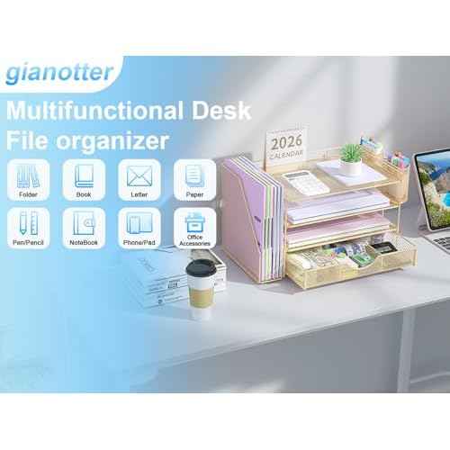gianotter Desk Organizers and Accessories with File Holder, 4-Tier Desk Accessories & Workspace Organizers with Drawer and 2 Pen Holder, Paper Organizer for Office Supplies(Gold)