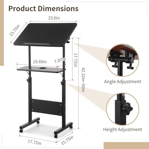 Joyoolife Adjustable Rolling Podium Stand with Locking Wheels, 42.3-50in, Black