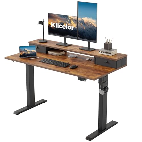 Klicelor Rustic Brown 48x23 Inch Electric Standing Desk with Drawers - Adjustable Sit-Stand Home Office Workstation