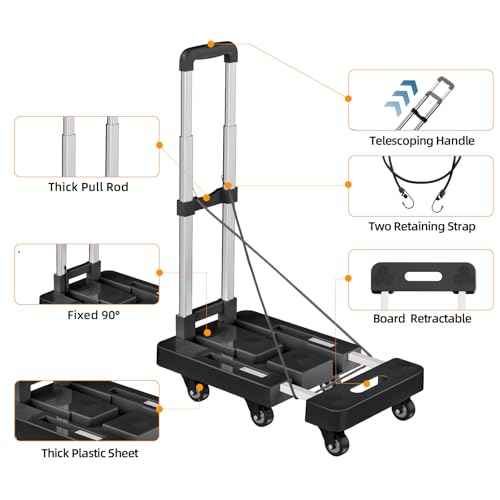 Folding Hand Truck, Foldable Cart for 500 lbs Heavy Luggage, Hand Truck Dolly, 6-Wheel Foldable Dolly with 2 Ropes, Ideal for Home, Office, and Travel Moving (Black)